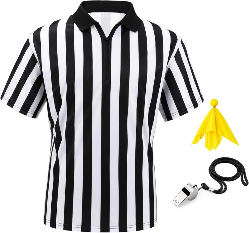Werforu Referee Costume Set for Unisex,Zipper Ref Stripe Shirt Penalty Flag and Whistle for Football Sports Halloween Cosplay - Image 1